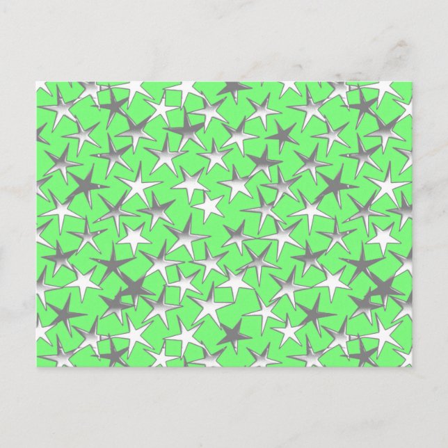 Silver stars, on lime green postcard (Front)