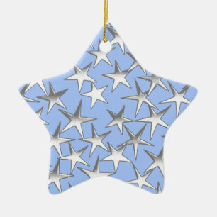 Silver stars, on pale blue ceramic tree decoration