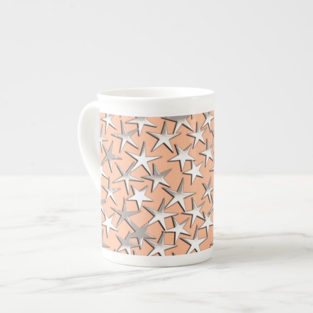 Silver stars on peach pink bone china mug (Front Left)