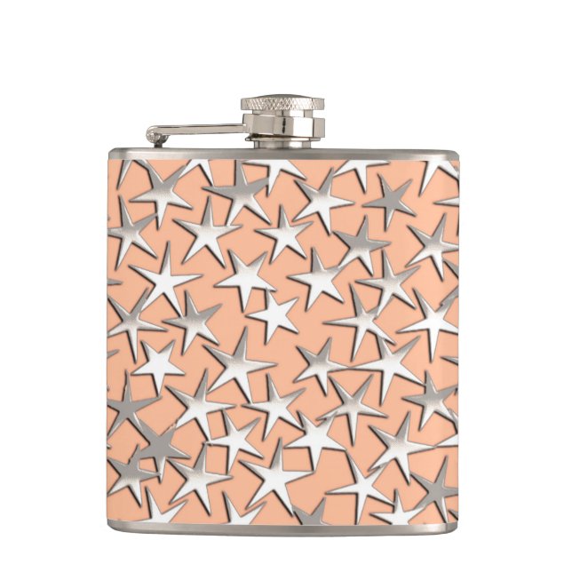 Silver stars on peach pink hip flask (Front)