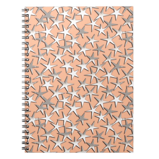 Silver stars on peach pink spiral notebook (Front)