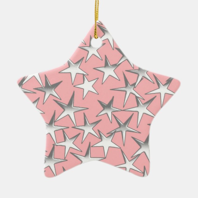 Silver stars, on shell pink ceramic tree decoration (Front)