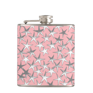Silver stars, on shell pink hip flask