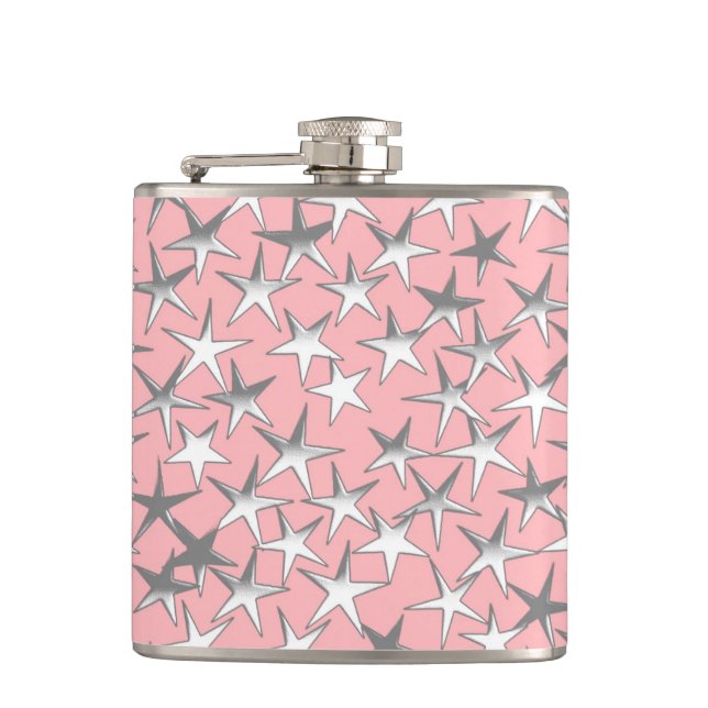 Silver stars, on shell pink hip flask (Front)