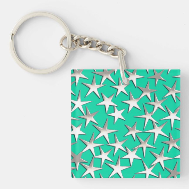 Silver stars on turquoise key ring (Front)