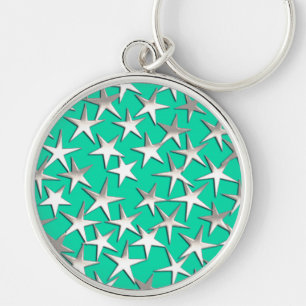 Silver stars on turquoise key ring