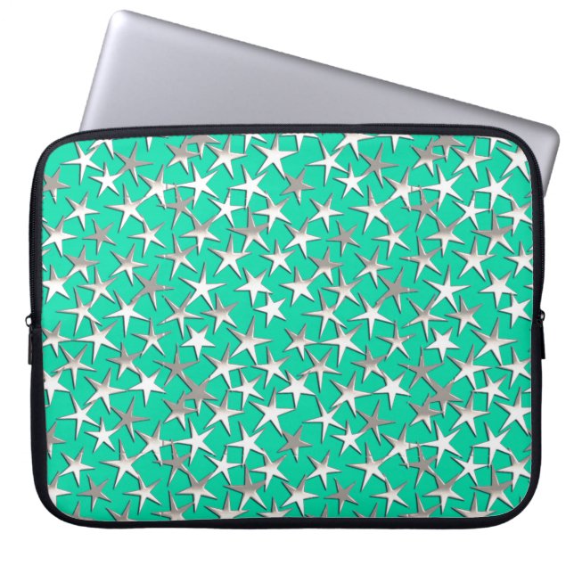 Silver stars on turquoise laptop sleeve (Front)