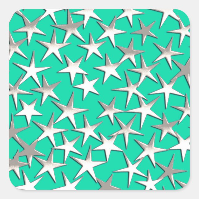 Silver stars on turquoise square sticker (Front)
