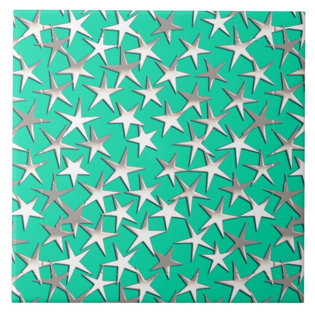 Silver stars on turquoise tile (Front)