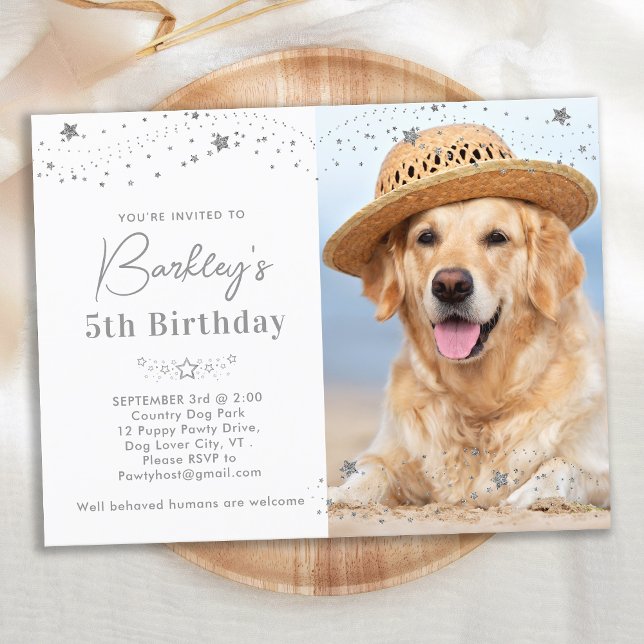 Silver Stars Personalised Pet Photo Dog Birthday Invitation Postcard (Creator Uploaded)