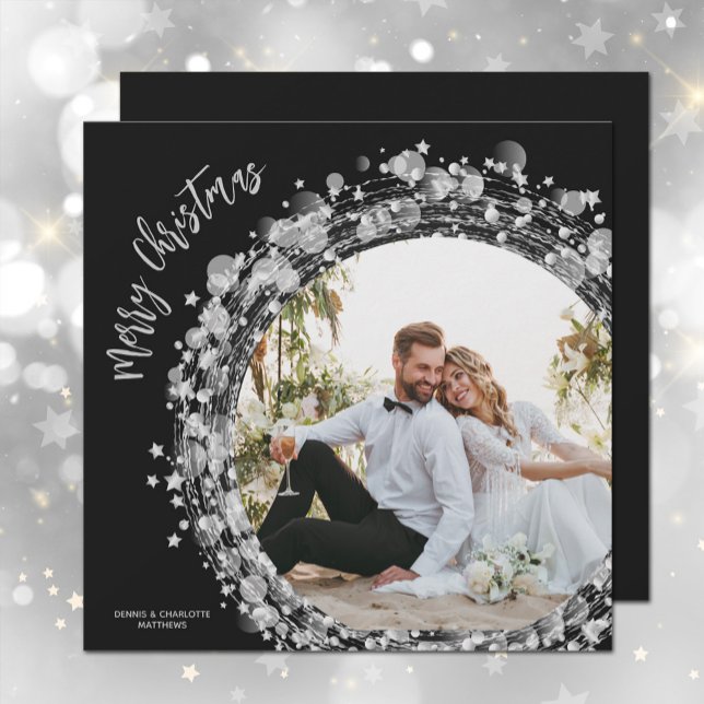 Silver Stars Photo Merry Christmas Black Holiday Card (Creator Uploaded)