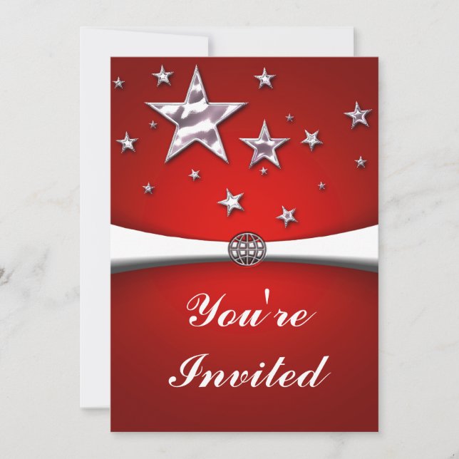 Silver Stars Red Party Invitation (Front)