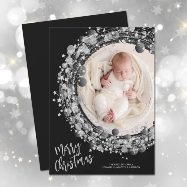 Silver Stars Wreath Merry Christmas Photo Holiday Card (Creator Uploaded)