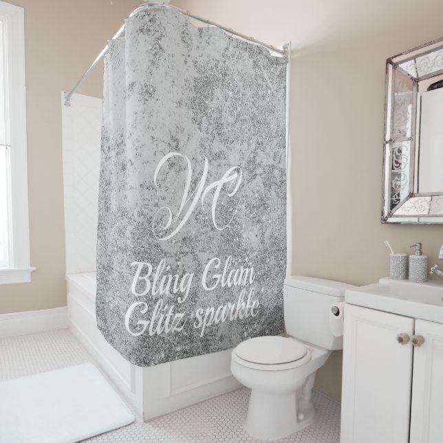 Silver Stone Marble Luxury Girly Sparkle Bling Shower Curtain (In Situ)