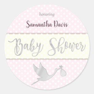 Silver Stork Baby Girl Baby Shower Classic Round Sticker