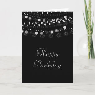 Silver Strings of Lights on Black Birthday Card