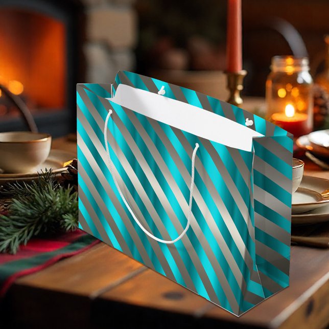 Silver Striped Aqua Modern Christmas  Large Gift Bag (Silver Striped Aqua Modern Christmas Gift Bag by the Olde Christmas Shoppe)