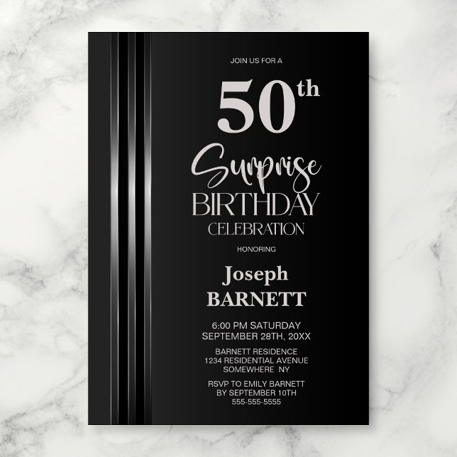 Silver Striped Black Grey 50th Surprise Birthday Invitation (Creator Uploaded)