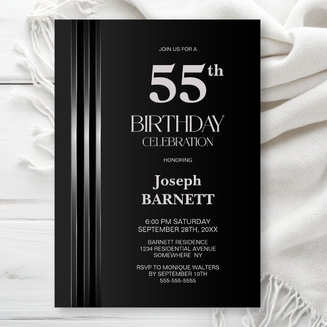 Silver Striped Black Grey 55th Birthday Party Invitation (Creator Uploaded)
