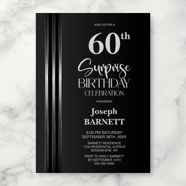 Silver Striped Black Grey 60th Surprise Birthday Invitation (Creator Uploaded)