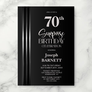 Silver Striped Black Grey 70th Surprise Birthday Invitation