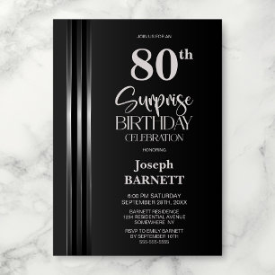 Silver Striped Black Grey 80th Surprise Birthday Invitation