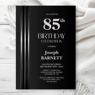 Silver Striped Black Grey 85th Birthday Party Invitation