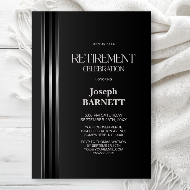 Silver Striped Black Grey Retirement Party Invitation (Creator Uploaded)