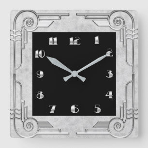 Silver Style Art Deco Square Wall Clock