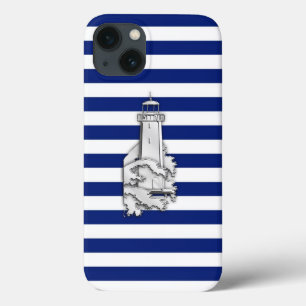 Silver Style Lighthouse on Blue Nautical Stripes iPhone 13 Case