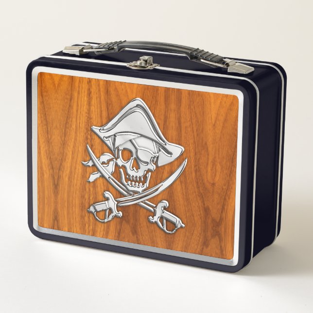 Silver Style Pirate on Teak Veneer Metal Lunch Box (Front)