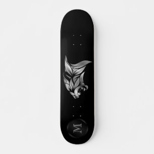 Silver Stylised Tiger Head On Black Monogram Skateboard
