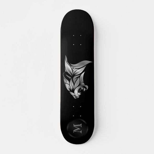 Silver Stylised Tiger Head On Black Monogram Skateboard (Front)