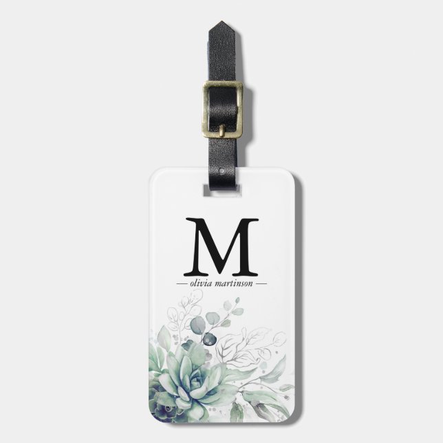 Silver Succulents Greenery Monogram  Luggage Tag (Front Vertical)
