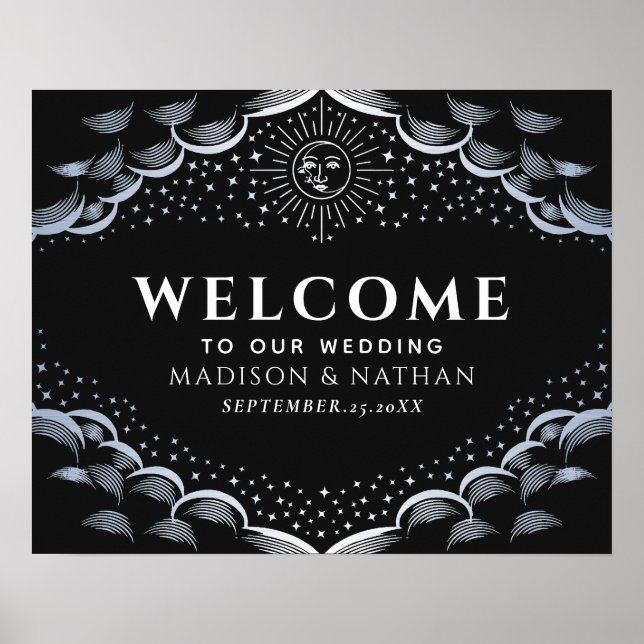 Silver Sun & Moon Tarot Card Wedding Welcome Sign (Front)