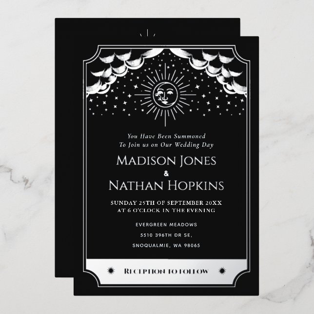 Silver Sun Moon Tarot Wedding Details Invitation (Front/Back)
