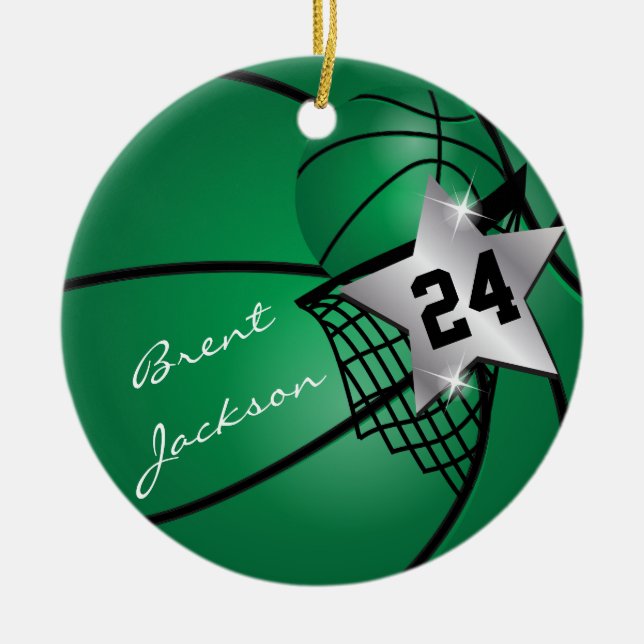 Silver Superstar Basketball | DIY Text| Dark Green Ceramic Tree Decoration (Front)
