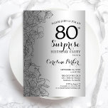 Silver Surprise 80th Birthday Party Invitation<br><div class="desc">Silver Surprise 80th Birthday Party Invitation. Glam feminine design featuring faux silver foil,  botanical accents and typography script font. Simple floral invite card perfect for a stylish female surprise bday celebration. Can be customised to any age. Printed Zazzle invitations or instant download digital printable template.</div>