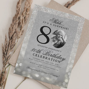 Silver SURPRISE Photo Glam 80th Birthday Invitation