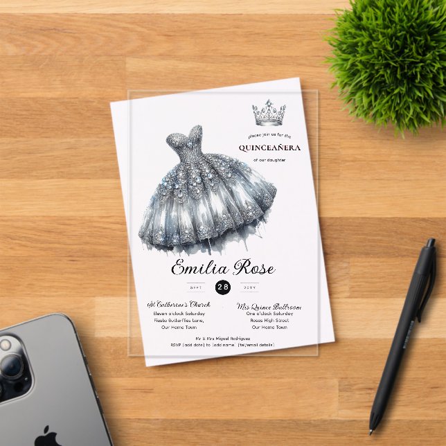 Silver Sweet15 QUINCEANERA Diamond Dress Butterfly Acrylic Invitations (Insitu (Invitation Card))