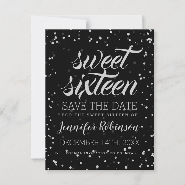 Silver Sweet16 Save Date Glitter Sparkle Confetti Save The Date (Front)