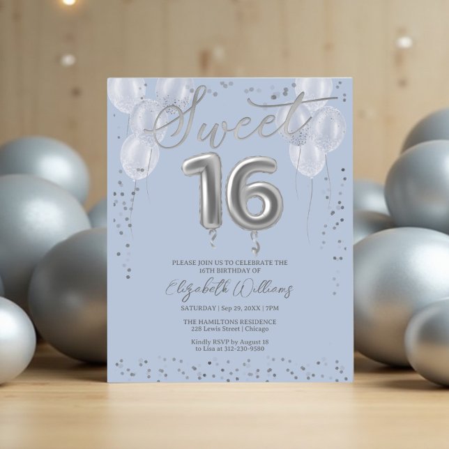 Silver Sweet 16 Balloons Blue Budget Invitations (Creator Uploaded)