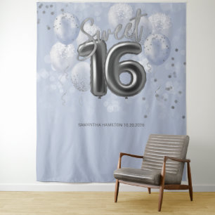 Silver Sweet 16 Bday Balloons Dusty Blue Backdrop Tapestry