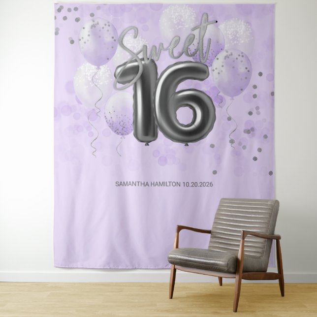 Silver Sweet 16 Bday Balloons Lavender Backdrop Tapestry (In Situ)
