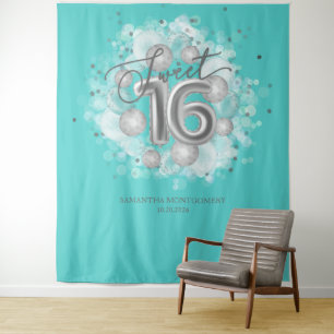 Silver Sweet 16 Bday Balloons Party Teal Backdrop Tapestry