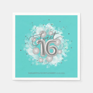 Silver Sweet 16 Birthday Balloons Party Teal Napkin