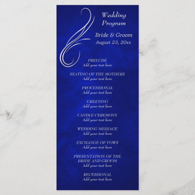 Silver Swirl Bright Blue Wedding Program Programme (Front)