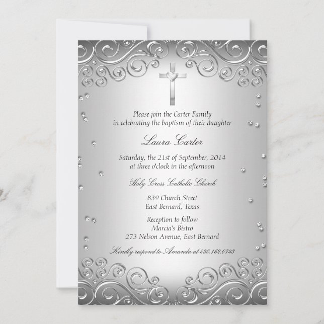 Silver Swirl & Cross Baptism/Christening Invitation (Front)