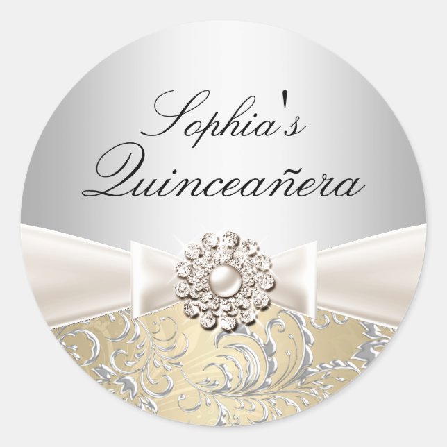 Silver Swirl & Jewel Bow Quinceanera Sticker (Front)