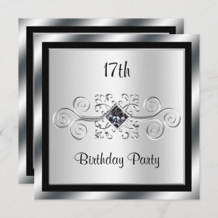 Silver Swirls & Diamond 17th Birthday Party Invitation